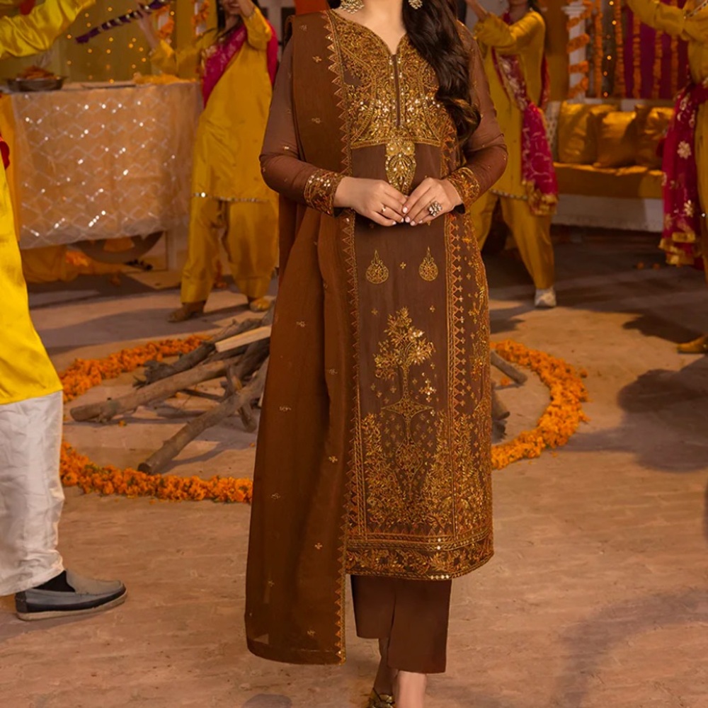 Pakistani Brown & Gold Embroidered Traditional 3 pc stitched outfit by Asim Jofa